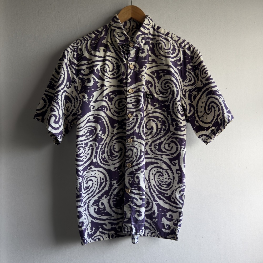 Rix 100% Cotton Aloha Shirt Abstract Swirl Mens L Purple White Button Down